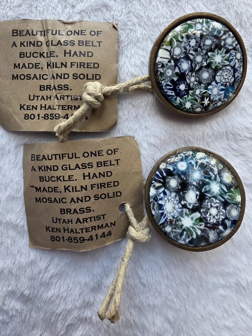 Ken Halterman Handmade Glass Mosaic Solid Brass Belt Buckles Set of 2